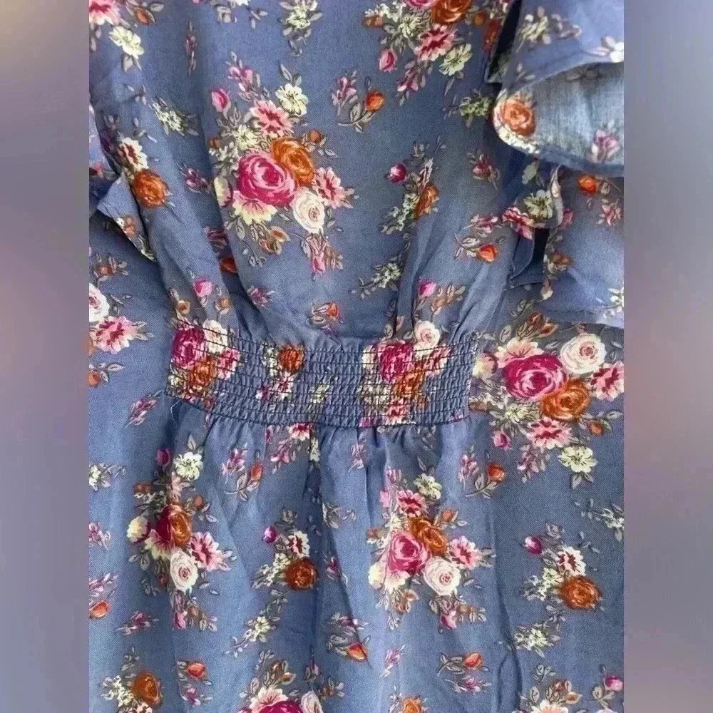 Double Zero women’s blue florar dress ruffle sleeves pearl buttons sz M pockets - Picture 7 of 9